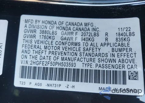 2023 Honda Civic Sport from USA, damaged, VIN 2HGFE2F50PH503593